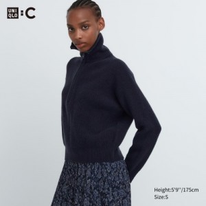 Women Uniqlo Premium Lambswool Half-Zip Long-Sleeve Sweaters Navy | 3669507
