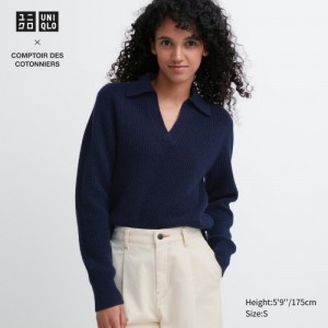 Women Uniqlo Premium Lambswool Long-Sleeve Polo Sweaters Navy | 7413751