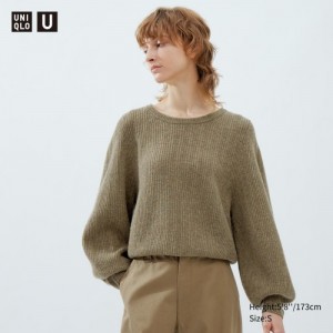 Women Uniqlo Premium Lambswool Volume Long-Sleeve Sweaters Khaki | 8923940