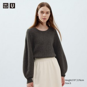 Women Uniqlo Premium Lambswool Volume Long-Sleeve Sweaters Brown | 9818467