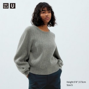 Women Uniqlo Premium Lambswool Volume Long-Sleeve Sweaters Grey | 4080257