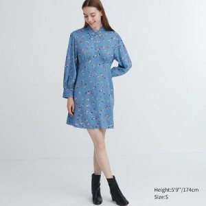 Women Uniqlo Printed V-Neck Long-Sleeve Mini Dress Blue | 7124358