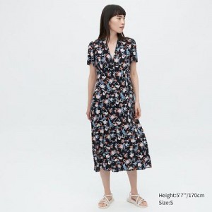 Women Uniqlo Printed V-Neck Short-Sleeve Flare Dress Black | 8459321