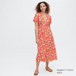 Women Uniqlo Printed V-Neck Short-Sleeve Flare Dress Red | 4538727