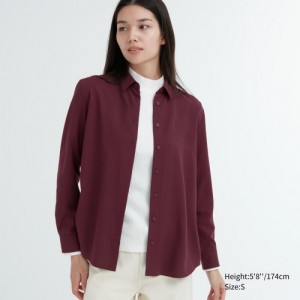 Women Uniqlo Rayon Long-Sleeve Blouse Burgundy | 8162662