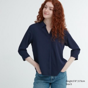 Women Uniqlo Rayon Skipper Collar 3/4-Sleeve Blouse Navy | 2497736