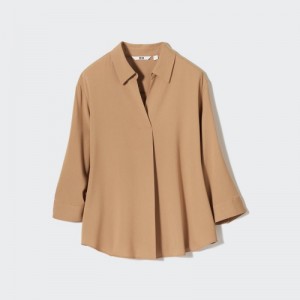 Women Uniqlo Rayon Skipper Collar 3/4-Sleeve Blouse Beige | 7228744