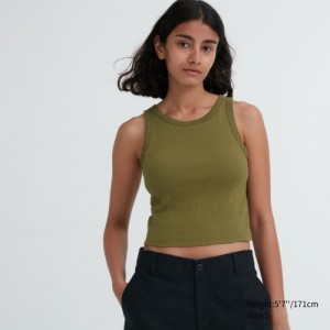 Women Uniqlo Ribbed Cropped Sleeveless Tank Top Olive | 9534735