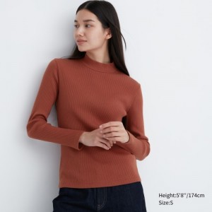 Women Uniqlo Ribbed High Neck Long-Sleeve T Shirts Red | 1154938