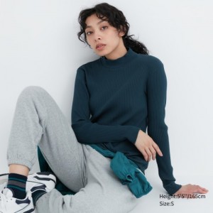 Women Uniqlo Ribbed High Neck Long-Sleeve T Shirts Green | 146074