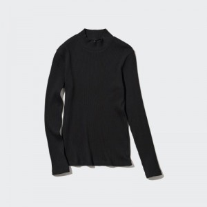 Women Uniqlo Ribbed High Neck Long-Sleeve T Shirts Black | 2215223