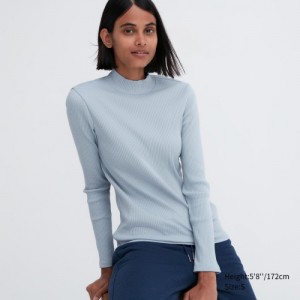 Women Uniqlo Ribbed High Neck Long-Sleeve T Shirts Blue | 2269663
