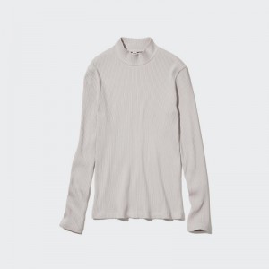 Women Uniqlo Ribbed High Neck Long-Sleeve T Shirts Grey | 6261956