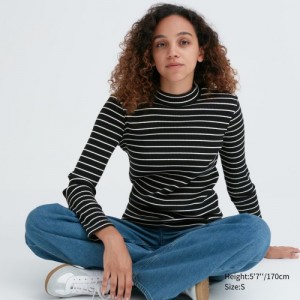Women Uniqlo Ribbed Striped High Neck Long-Sleeve T Shirts Black | 8791290