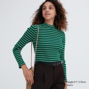 Women Uniqlo Ribbed Striped High Neck Long-Sleeve T Shirts Green | 1464127