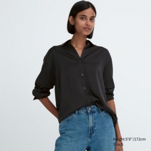 Women Uniqlo Satin Long-Sleeve Blouse Black | 9515410