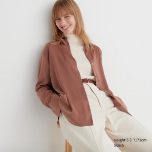 Women Uniqlo Satin Long-Sleeve Blouse Brown | 6518774