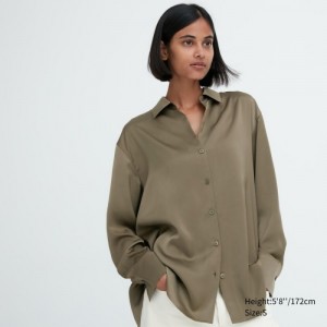 Women Uniqlo Satin Long-Sleeve Blouse Olive | 3009253