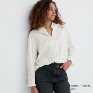 Women Uniqlo Satin Long-Sleeve Blouse White | 5444038