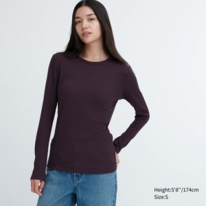 Women Uniqlo Sheer Jersey Crew Neck Long-Sleeve T Shirts Burgundy | 7121333