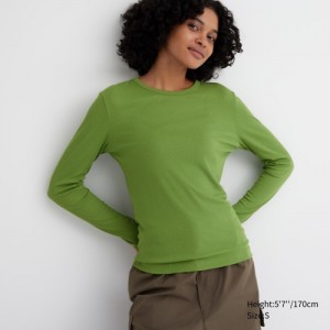 Women Uniqlo Sheer Jersey Crew Neck Long-Sleeve T Shirts Green | 5083267