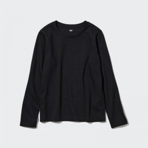 Women Uniqlo Smooth Stretch Cotton Crew Neck Long-Sleeve T Shirts Black | 8112759