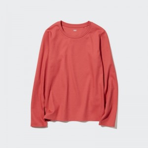 Women Uniqlo Smooth Stretch Cotton Crew Neck Long-Sleeve T Shirts Red | 1247958