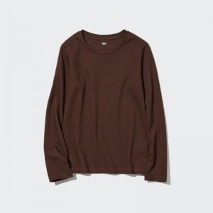 Women Uniqlo Smooth Stretch Cotton Crew Neck Long-Sleeve T Shirts Brown | 6989211