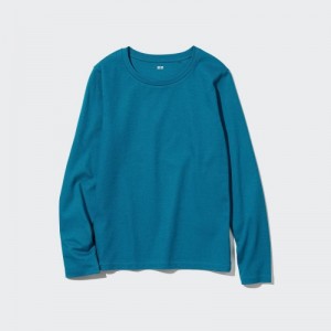 Women Uniqlo Smooth Stretch Cotton Crew Neck Long-Sleeve T Shirts Blue | 5623908