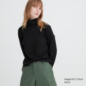 Women Uniqlo Smooth Stretch Cotton Turtleneck Long-Sleeve T Shirts Black | 3165804