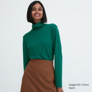 Women Uniqlo Smooth Stretch Cotton Turtleneck Long-Sleeve T Shirts Green | 4041028