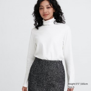 Women Uniqlo Smooth Stretch Cotton Turtleneck Long-Sleeve T Shirts White | 5762276