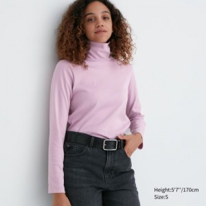 Women Uniqlo Smooth Stretch Cotton Turtleneck Long-Sleeve T Shirts Pink | 9650170