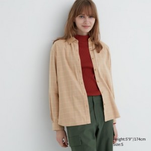 Women Uniqlo Soft Brushed Checked Long-Sleeve Shirts Beige | 5577433