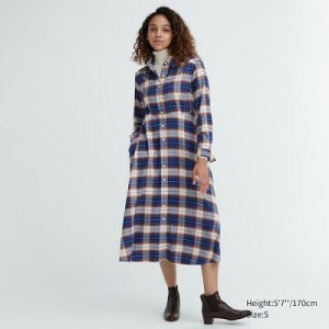Women Uniqlo Soft Brushed Checked Long-Sleeve Dress Blue | 2733552