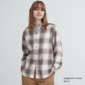 Women Uniqlo Soft Brushed Checked Long-Sleeve Shirts Brown | 7630245