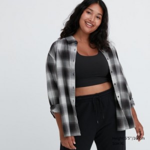Women Uniqlo Soft Brushed Checked Long-Sleeve Shirts Grey | 8775451