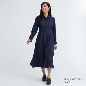 Women Uniqlo Soft Brushed Long-Sleeve Dress Navy | 5398323