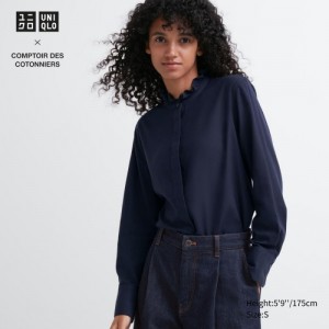 Women Uniqlo Soft Brushed Stand Collar Long-Sleeve Shirts Navy | 4633306