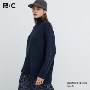 Women Uniqlo Soft Knit High Neck Long-Sleeve Sweaters Navy | 2456313