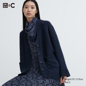 Women Uniqlo Soft Knit V-Neck Flare Long-Sleeve Cardigan Navy | 6329552
