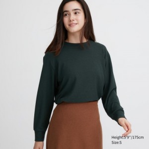 Women Uniqlo Soft Knitted Fleece Crew Neck Long-Sleeve T Shirts Green | 6815943
