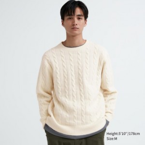 Women Uniqlo Souffle Yarn Cable Crew Neck Long-Sleeve Sweaters White | 111619