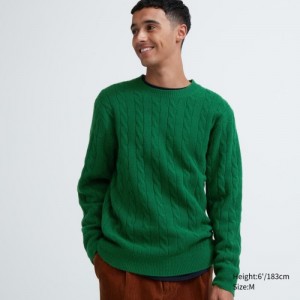 Women Uniqlo Souffle Yarn Cable Crew Neck Long-Sleeve Sweaters Green | 2365882