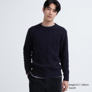 Women Uniqlo Souffle Yarn Cable Crew Neck Long-Sleeve Sweaters Navy | 7788585
