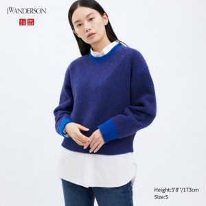 Women Uniqlo Souffle Yarn Crew Neck Long-Sleeve Sweaters Blue | 5595846