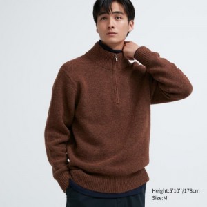 Women Uniqlo Souffle Yarn Half-Zip Long-Sleeve Sweaters Brown | 12816