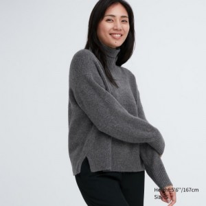 Women Uniqlo Souffle Yarn High Neck Long-Sleeve Sweaters Grey | 9224755
