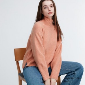 Women Uniqlo Souffle Yarn High Neck Long-Sleeve Sweaters Pink | 6768333