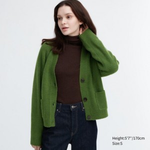 Women Uniqlo Souffle Yarn Short Cardigan Green | 7280907